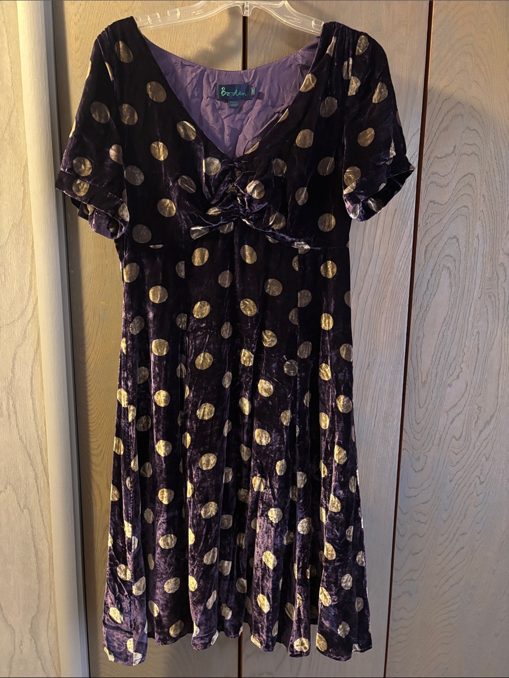 Boden Velvet Purple Gold Polka Dot Dress Short Sleeve Empire Waist A Line